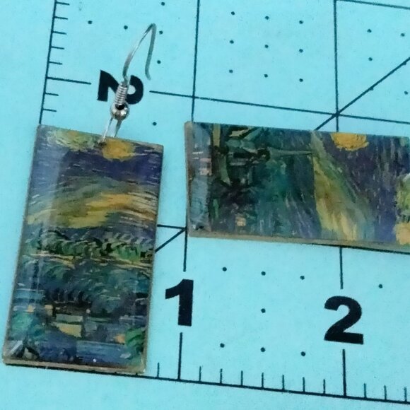 Van Gogh Starry Night Rectangle Earrings Pierced Hook - Picture 4 of 9